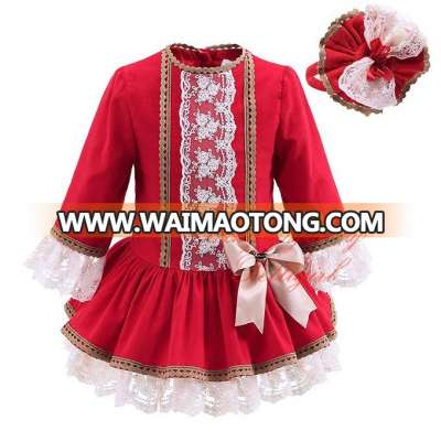 Wholesale Handmade Pettigirl Autumn Red Girl Boutique Dress Cotton Flower Girls Dress With Hair Accessories G-DMGD908-893